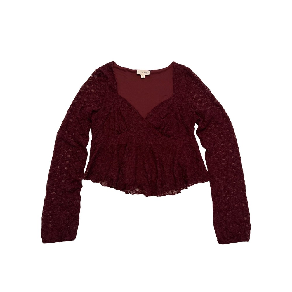 La Peche Burgundy Lace Peplum Coquette Whimsigoth Y2K Romantic Top Size L/XL
